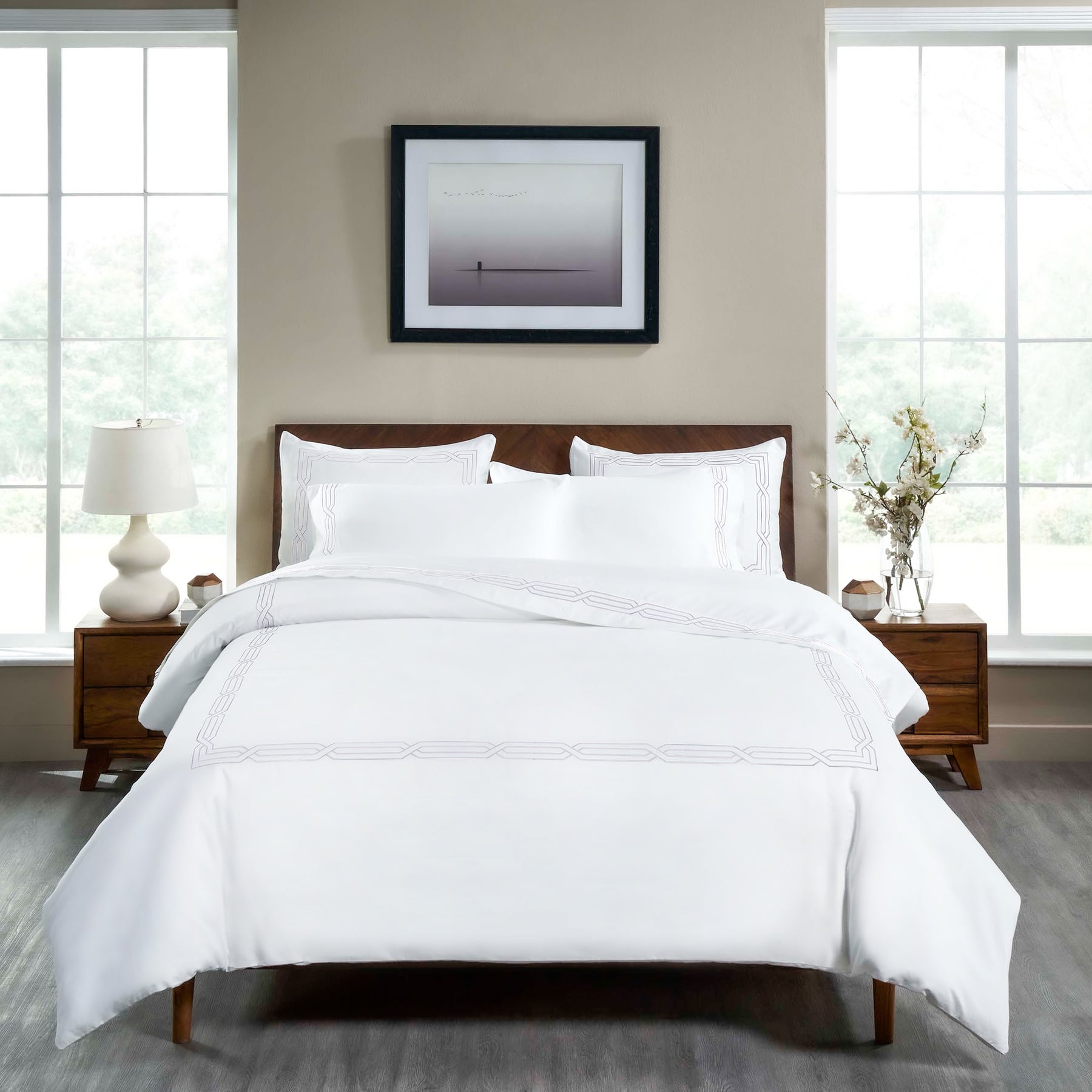 Superior Egyptian Cotton 1200 Thread Count Embroidered Geometric Scroll Duvet Cover Set - White-White