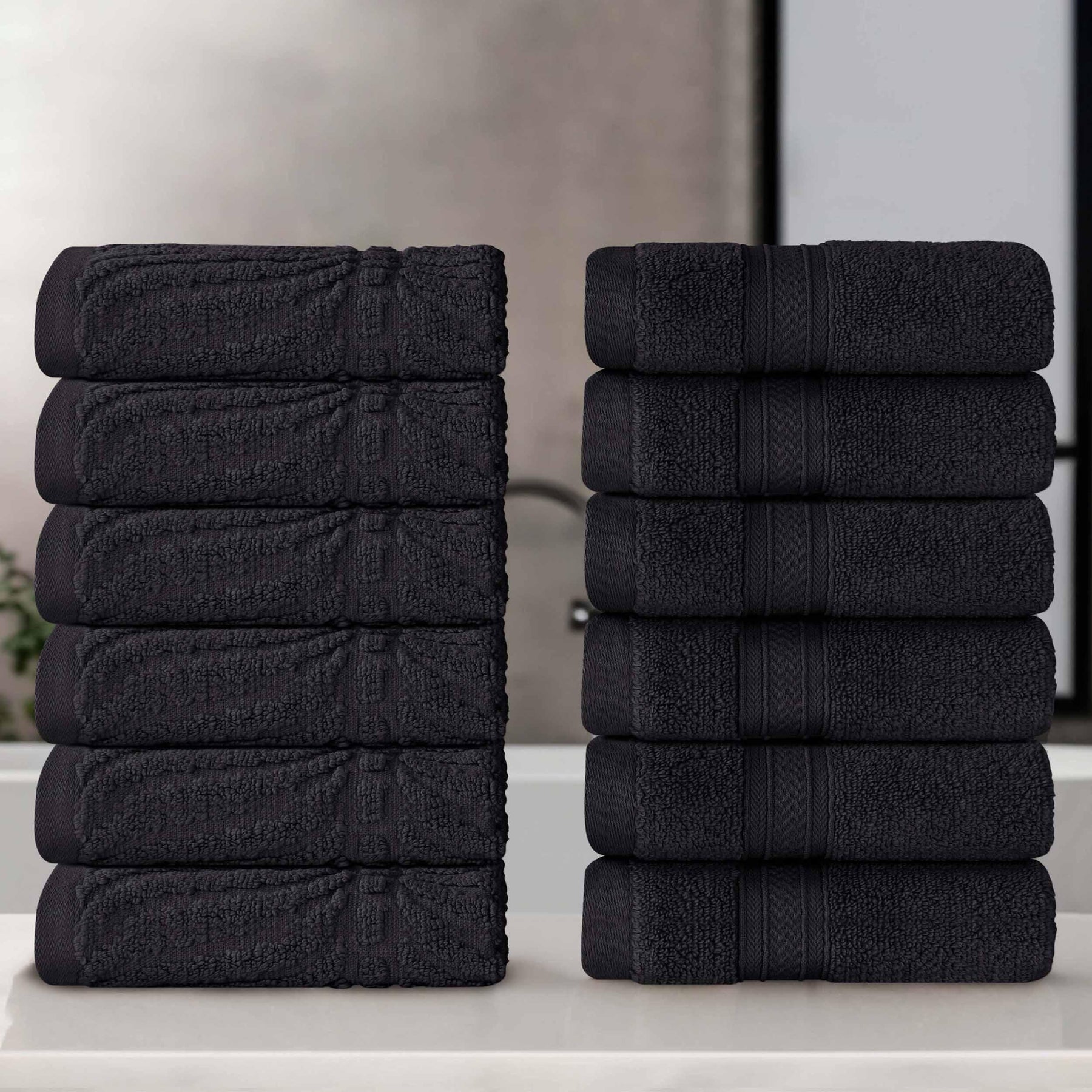 Chevron Zero Twist Cotton Solid and Jacquard Face Towel Set of 12