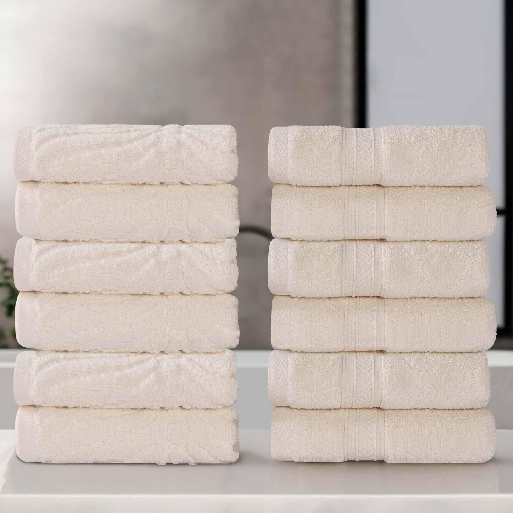 Chevron Zero Twist Cotton Solid and Jacquard Face Towel Set of 12