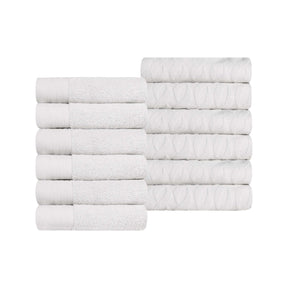 Premium Turkish Cotton Jacquard Herringbone and Solid 12-Piece Face Towel/ Washcloth Set - White