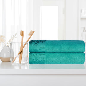 Superior Wisteria Cotton Floral Jacquard Border Bath Towels - Turquoise