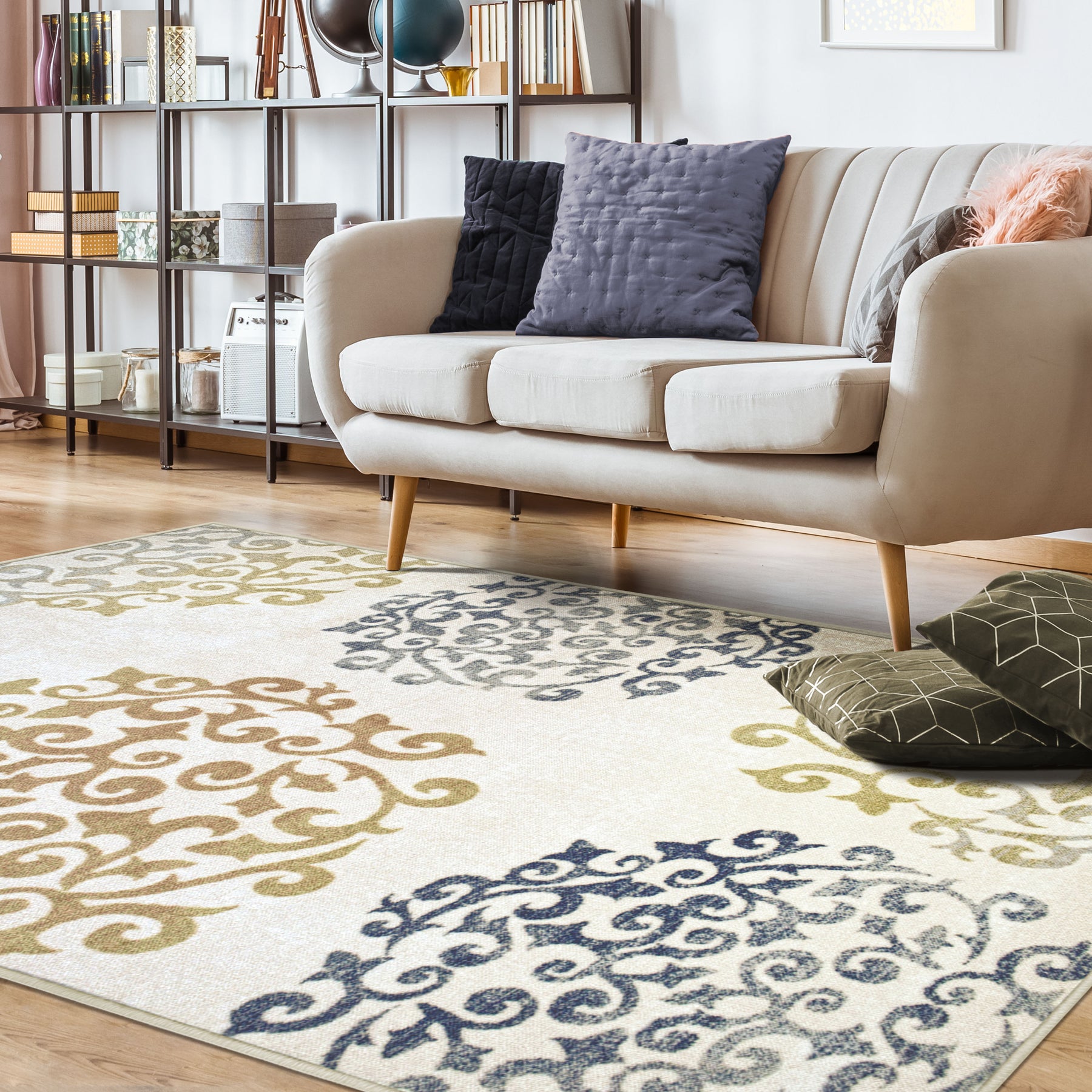 Superior Amber Floral Medallion Non-Slip Indoor Area Rug or Runner - Ivory