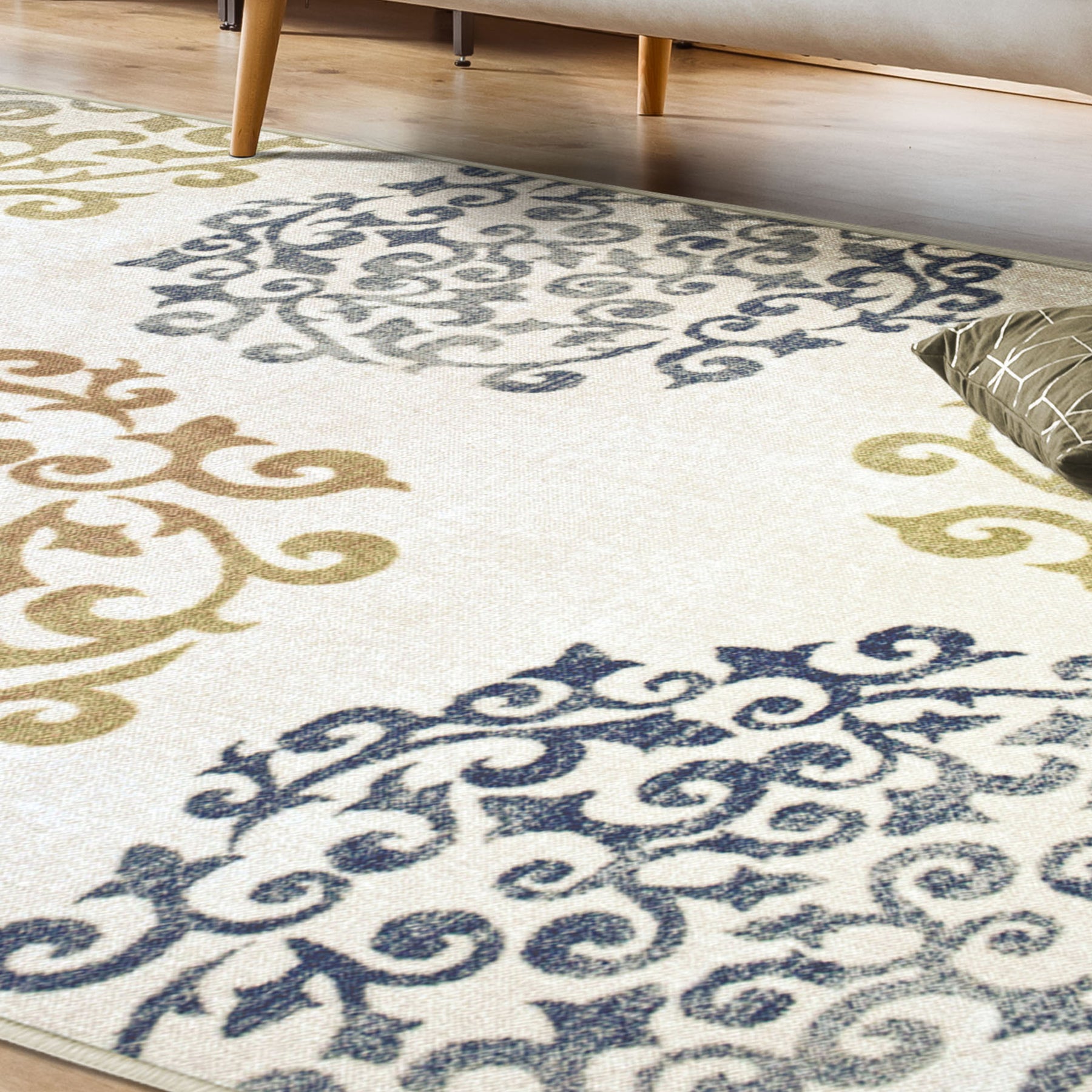 Superior Amber Floral Medallion Non-Slip Indoor Area Rug or Runner - Ivory