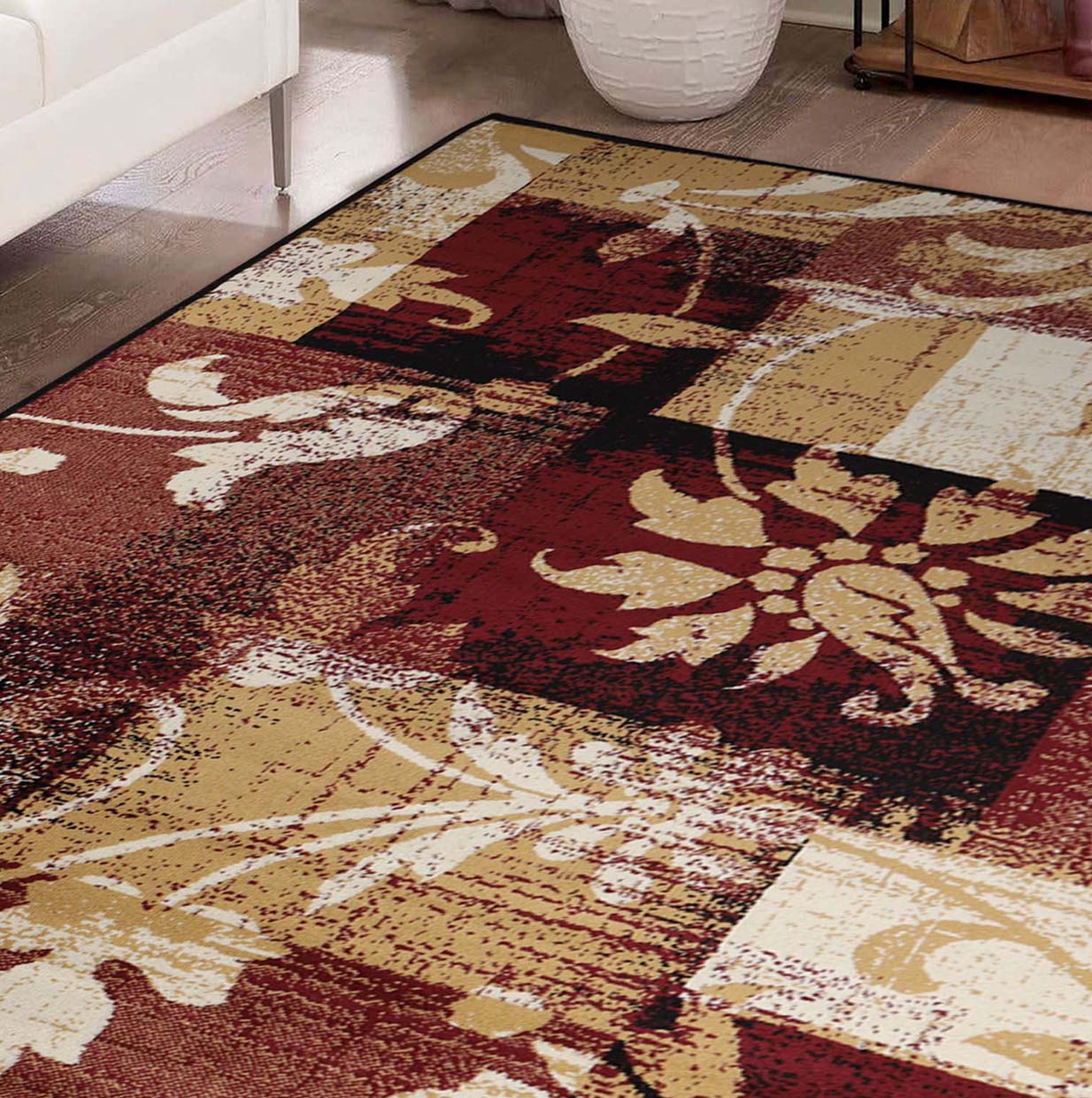 Superior Pastiche Contemporary Floral Patchwork Area Rug - Burgundy