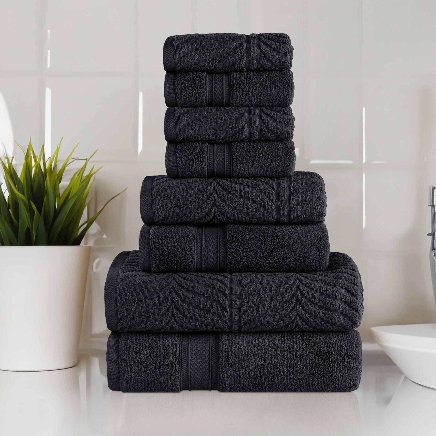 Chevron Zero Twist Cotton Solid and Jacquard 8 Piece Towel Set