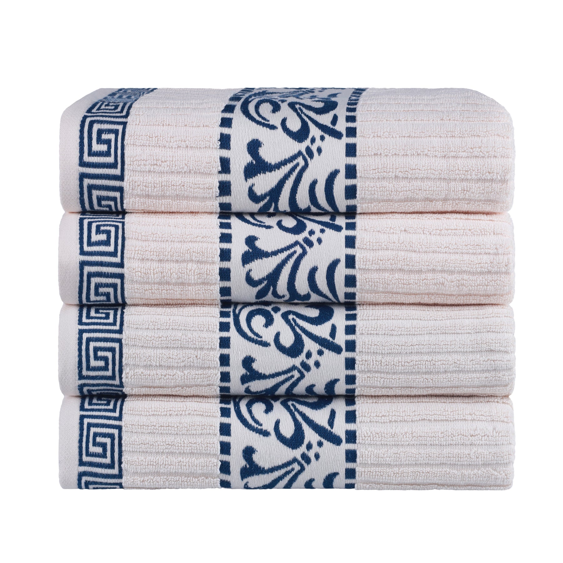 Superior Athens Cotton 4-Piece Bath Towel Set with Greek Scroll and Floral Pattern - Ivory-Navy 