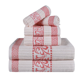 Superior Athens Cotton 6-Piece Assorted Towel Set with Greek Scroll and Floral Pattern - Ivory-Coral