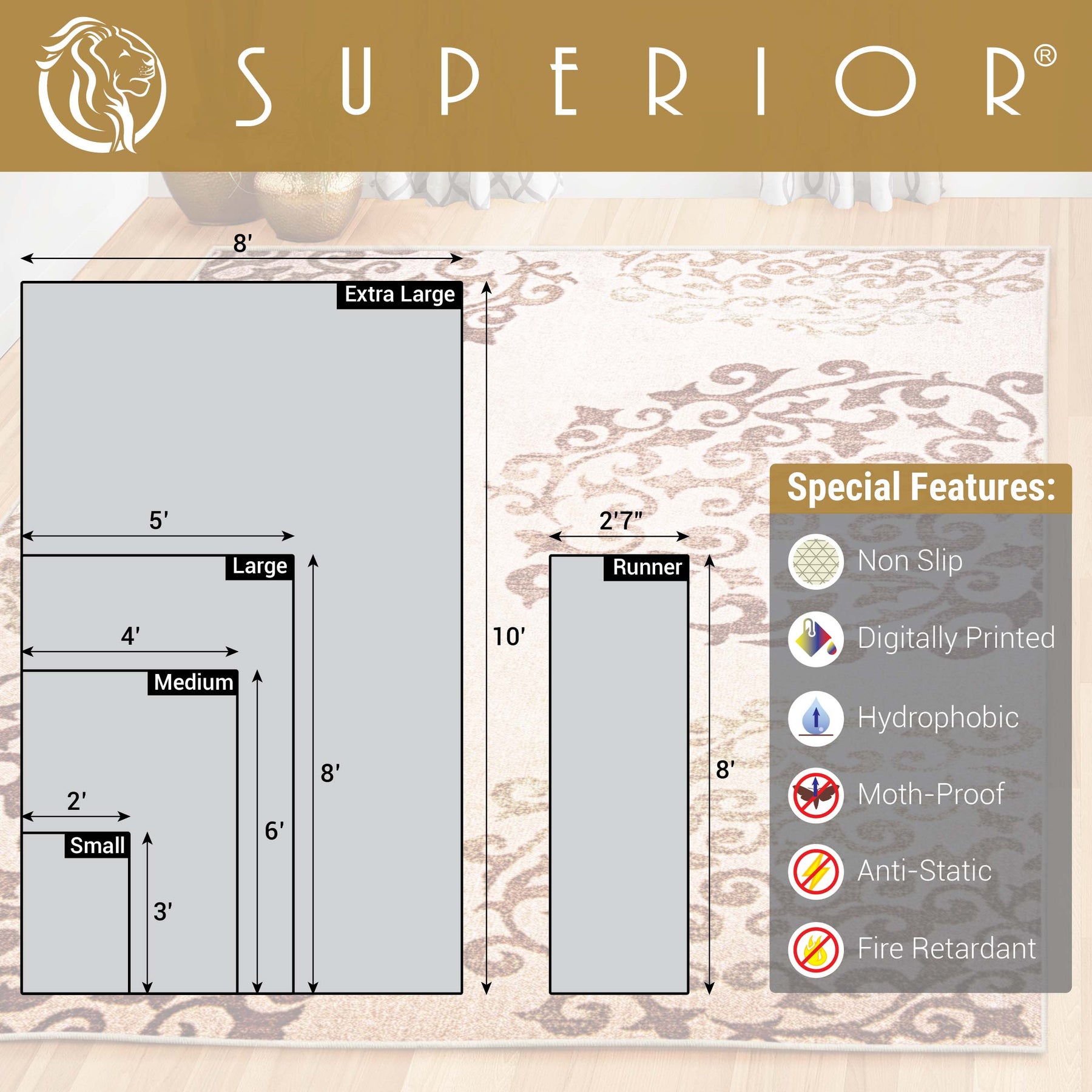 Superior Amber Floral Medallion Non-Slip Indoor Area Rug or Runner