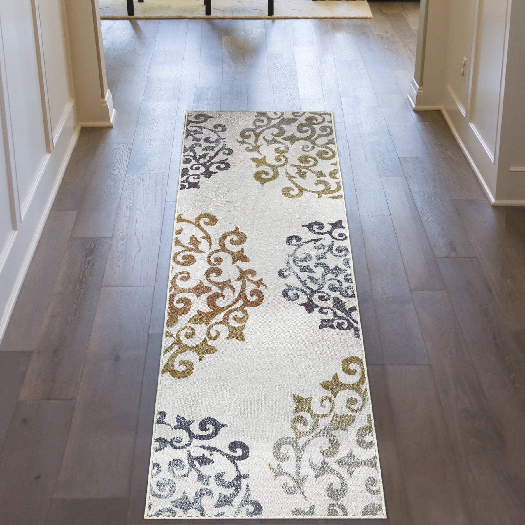 Superior Amber Floral Medallion Non-Slip Indoor Area Rug or Runner - Ivory