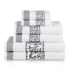 Superior Athens Cotton 6-Piece Assorted Towel Set with Greek Scroll and Floral Pattern - Grey