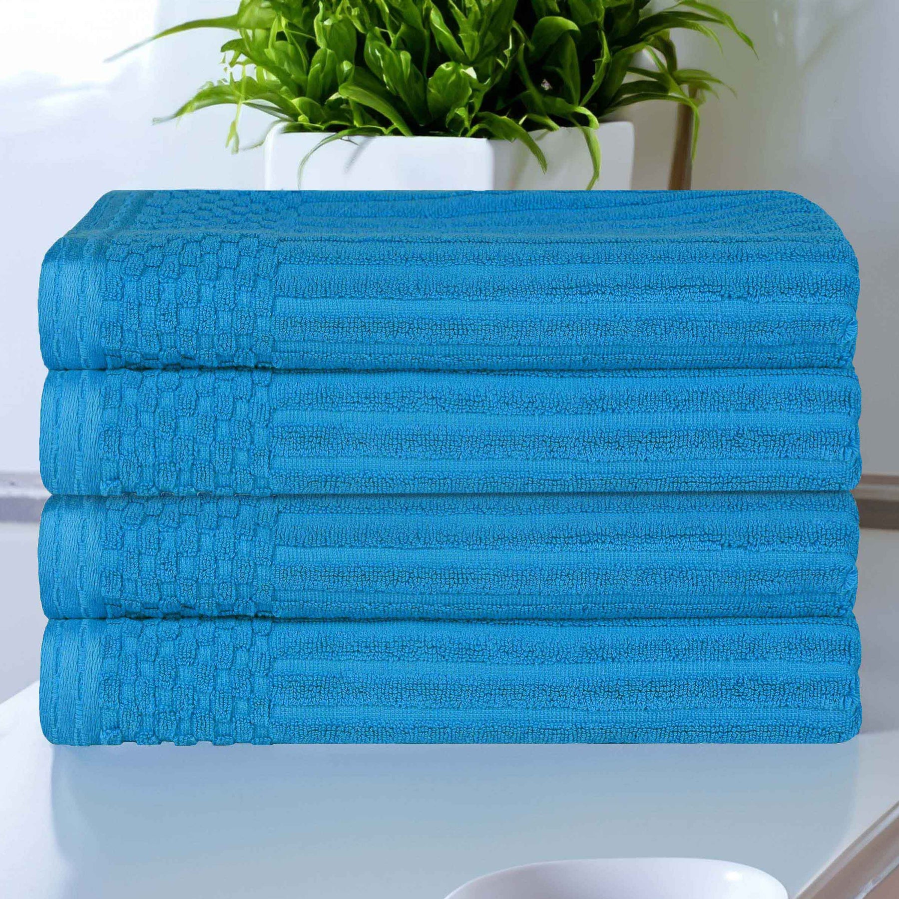 Soho Ribbed Cotton Absorbent Bath Towel Set of 4 - Azure