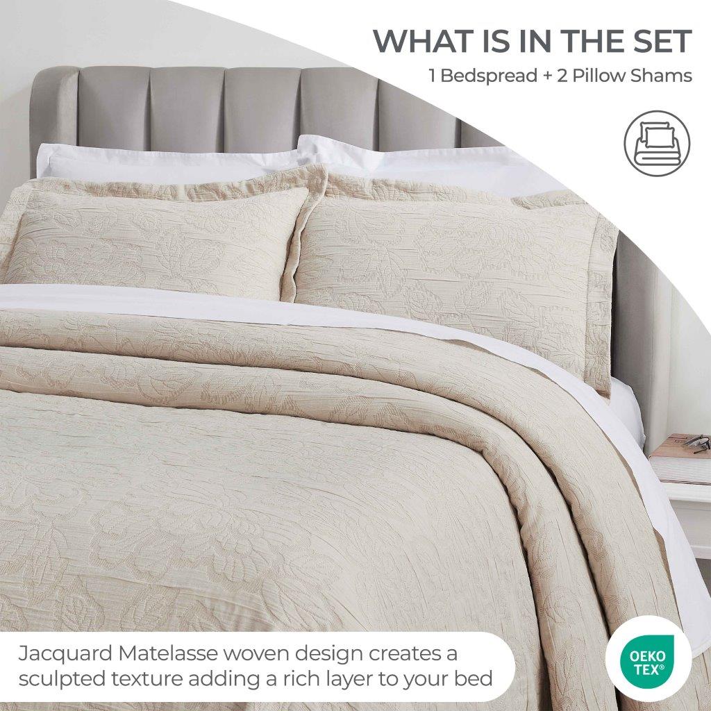Cotton Bedspread Sets 3-Piece Hibiscus Floral Jacquard Matelassé - Bedspread by Superior Brand
