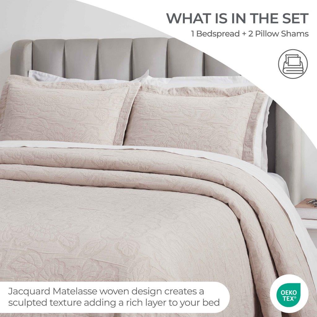 Cotton Bedspread Sets 3-Piece Hibiscus Floral Jacquard Matelassé - Bedspread by Superior Brand