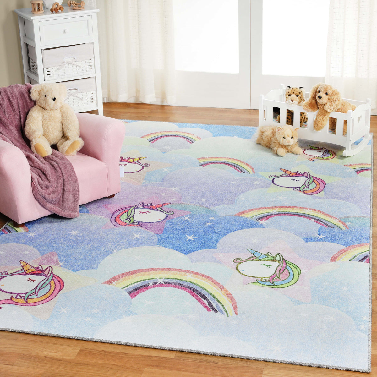 Superior Unicorn Rainbow Colorful Kids Playroom Nursery Washable Indoor Area Rug Or Door Mat  - Sapphire Blue