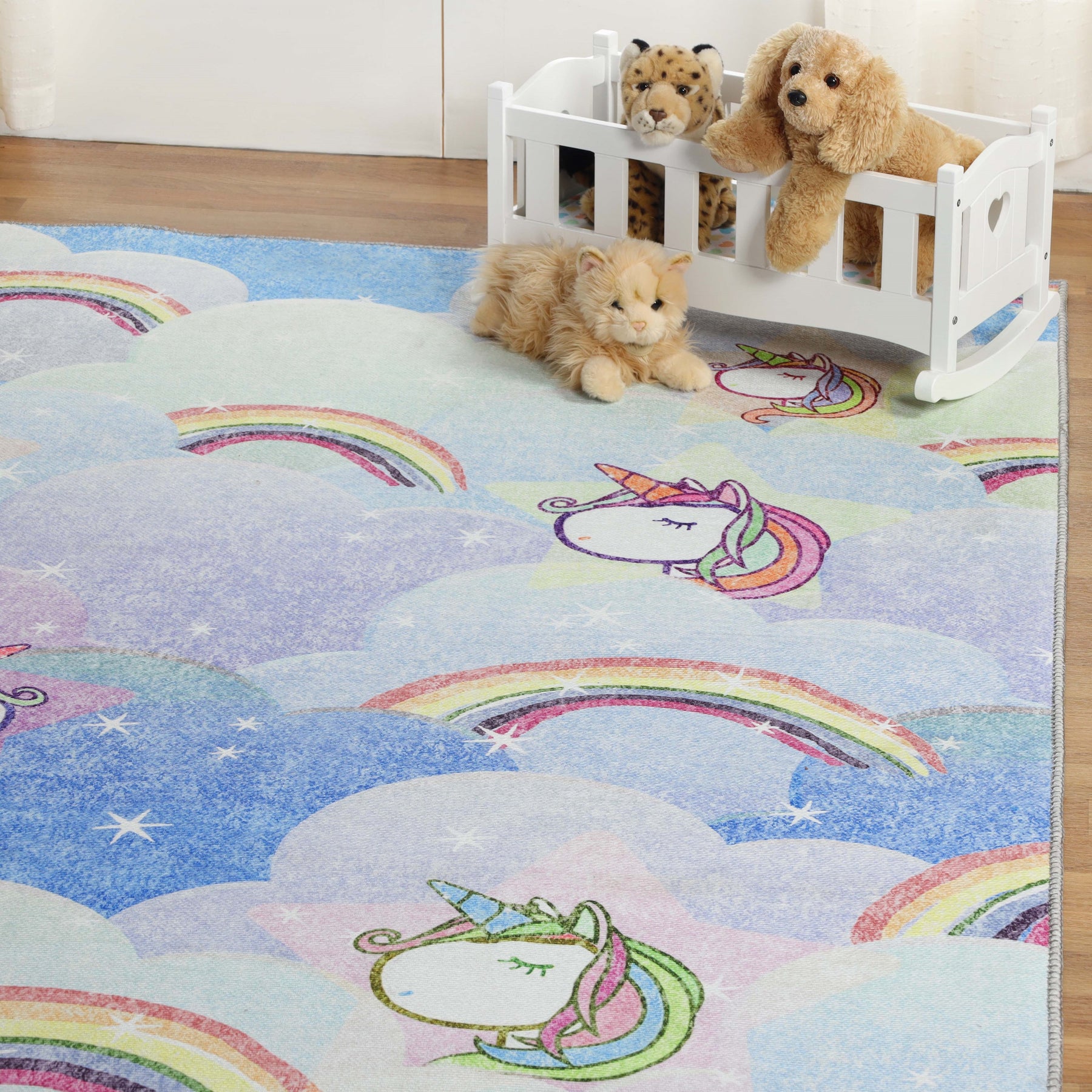 Superior Unicorn Rainbow Colorful Kids Playroom Nursery Washable Indoor Area Rug Or Door Mat - Sapphire Blue