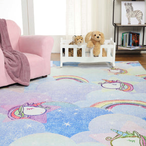 Superior Unicorn Rainbow Colorful Kids Playroom Nursery Washable Indoor Area Rug Or Door Mat - Sapphire Blue