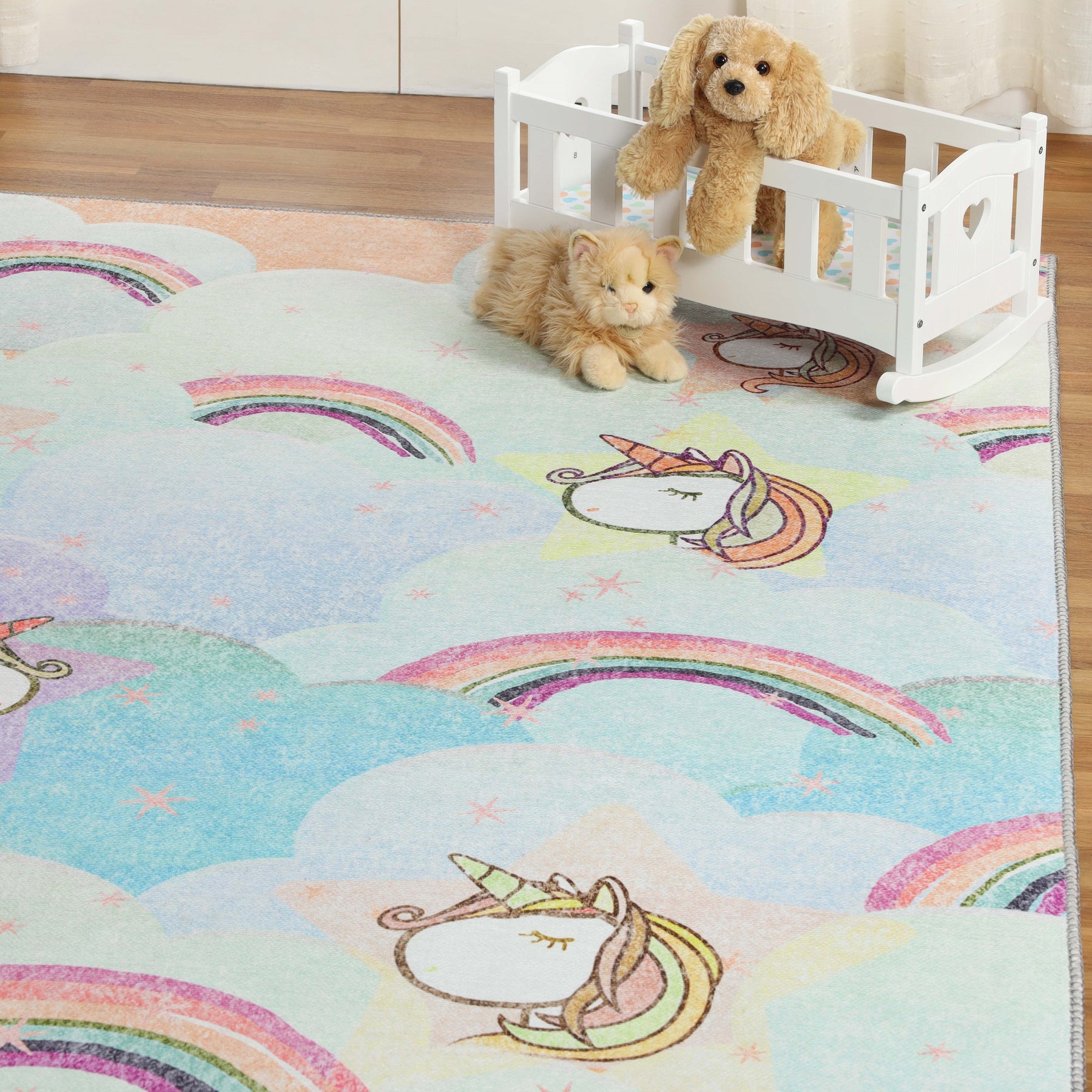 Superior Unicorn Rainbow Colorful Kids Playroom Nursery Washable Indoor Area Rug Or Door Mat - Turquoise