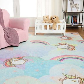 Superior Unicorn Rainbow Colorful Kids Playroom Nursery Washable Indoor Area Rug Or Door Mat - Turquoise