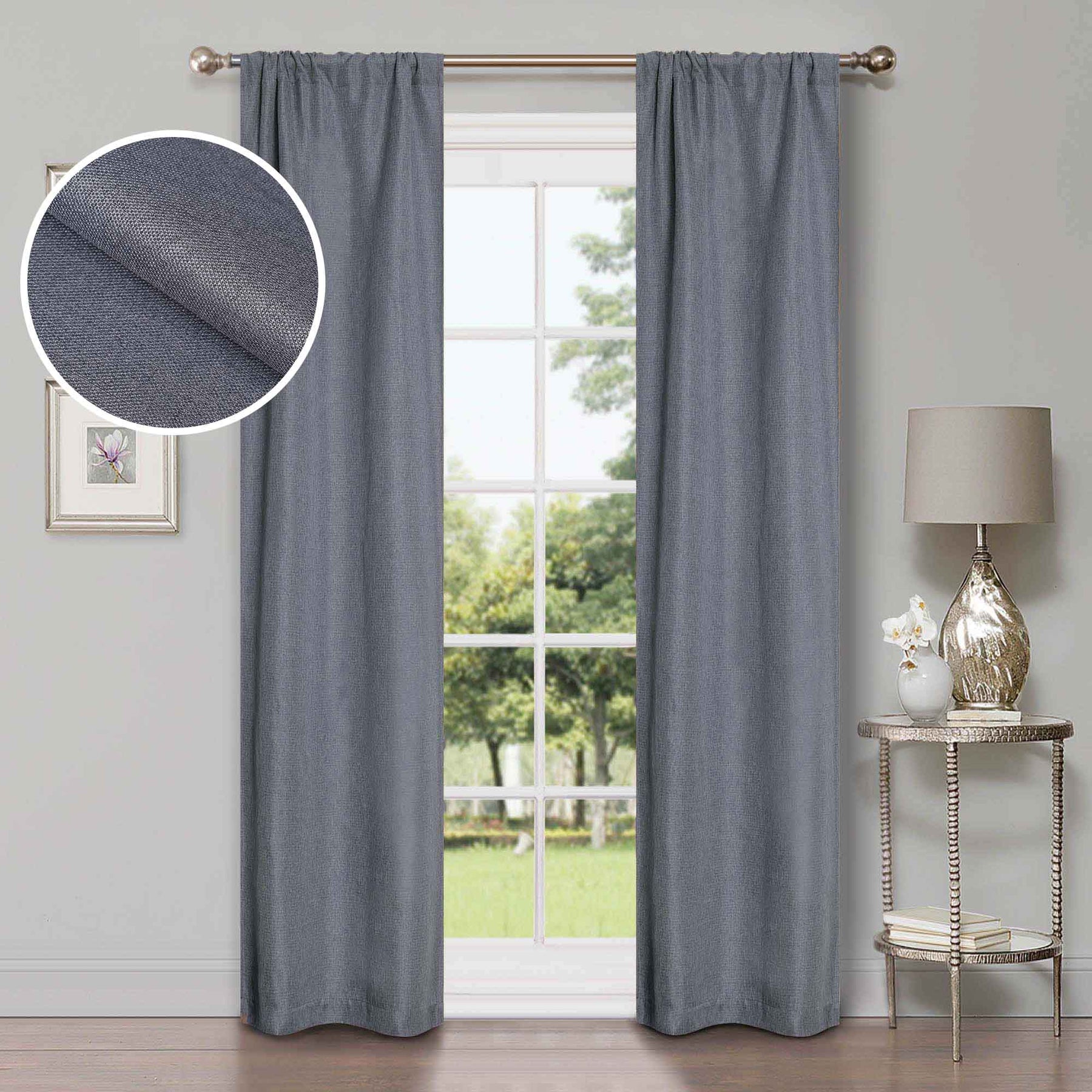 Linen Pattern Washable Room Darkening Blackout Curtains, Set of 2 - Charcoal