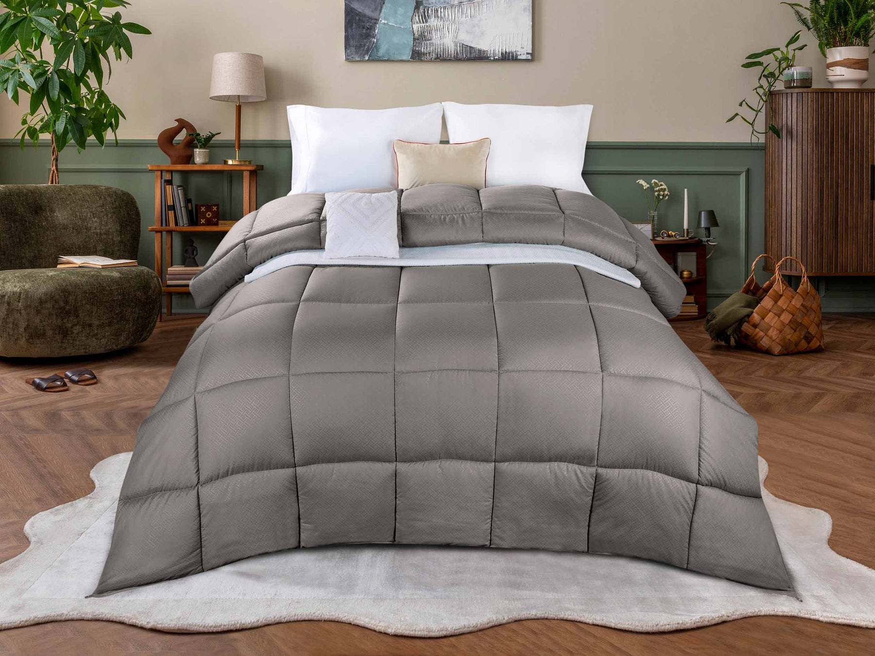 Monochrome Basketweave Plush Microfiber Down Alternative Comforter - Charcoal