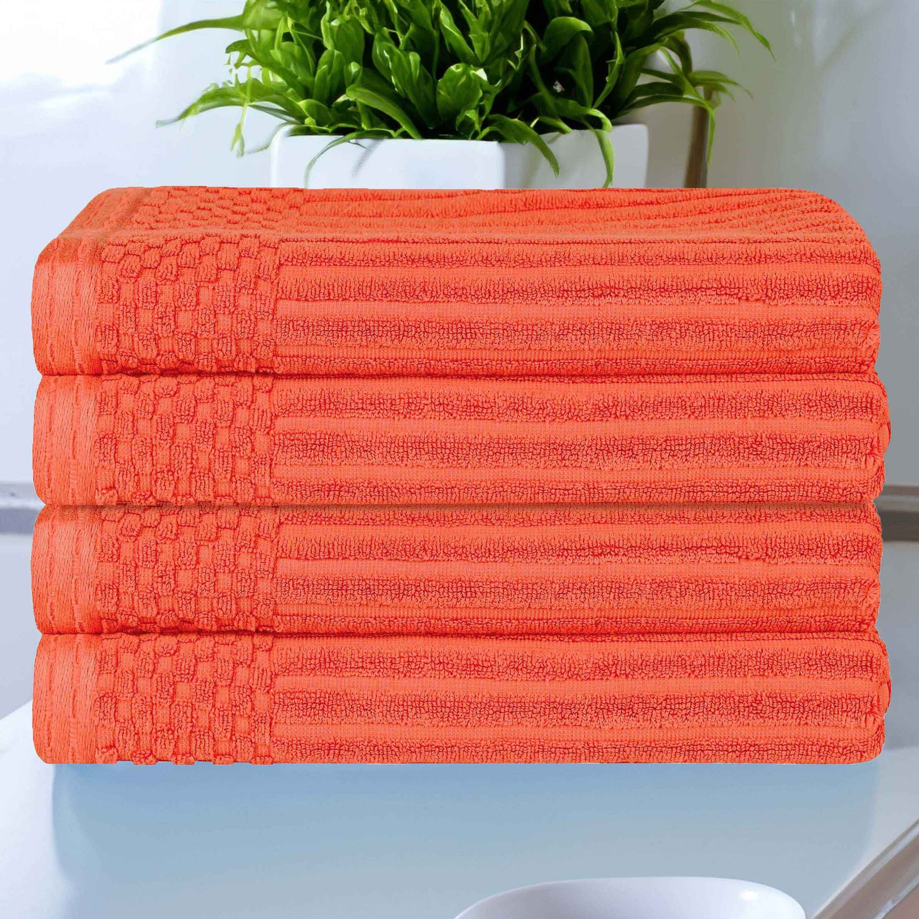 Soho Ribbed Cotton Absorbent Bath Towel Set of 4 - Coral