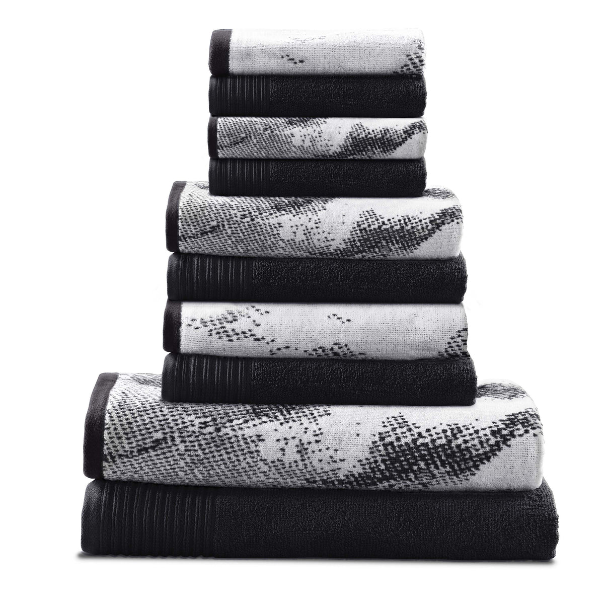 Cotton Marble and Solid Quick Dry 10 Piece Assorted Bathroom Towel Set - Black