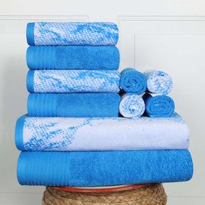 Cotton Marble and Solid Quick Dry 10 Piece Assorted Bathroom Towel Set - Blue