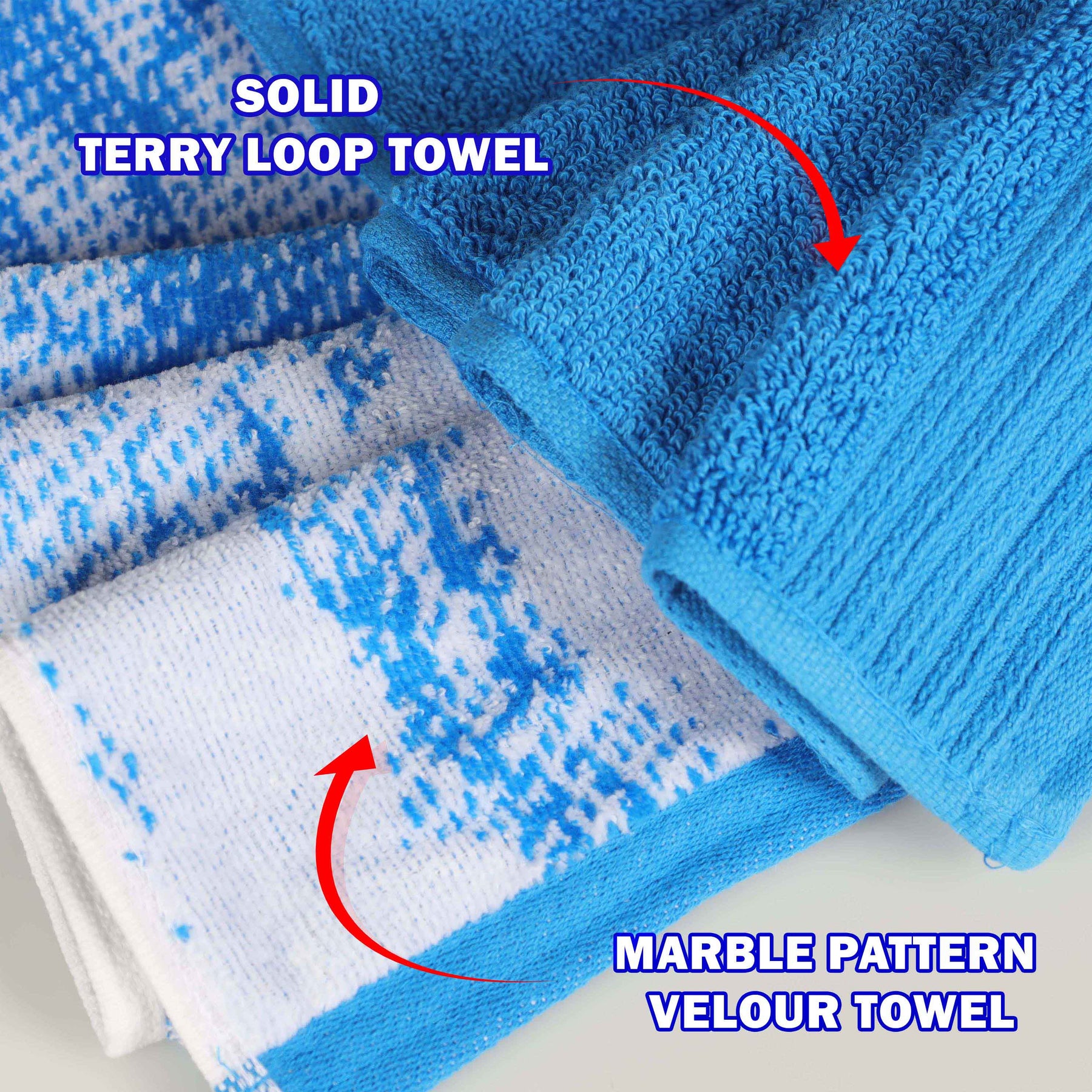 Cotton Marble and Solid Quick Dry 10 Piece Assorted Bathroom Towel Set - Blue