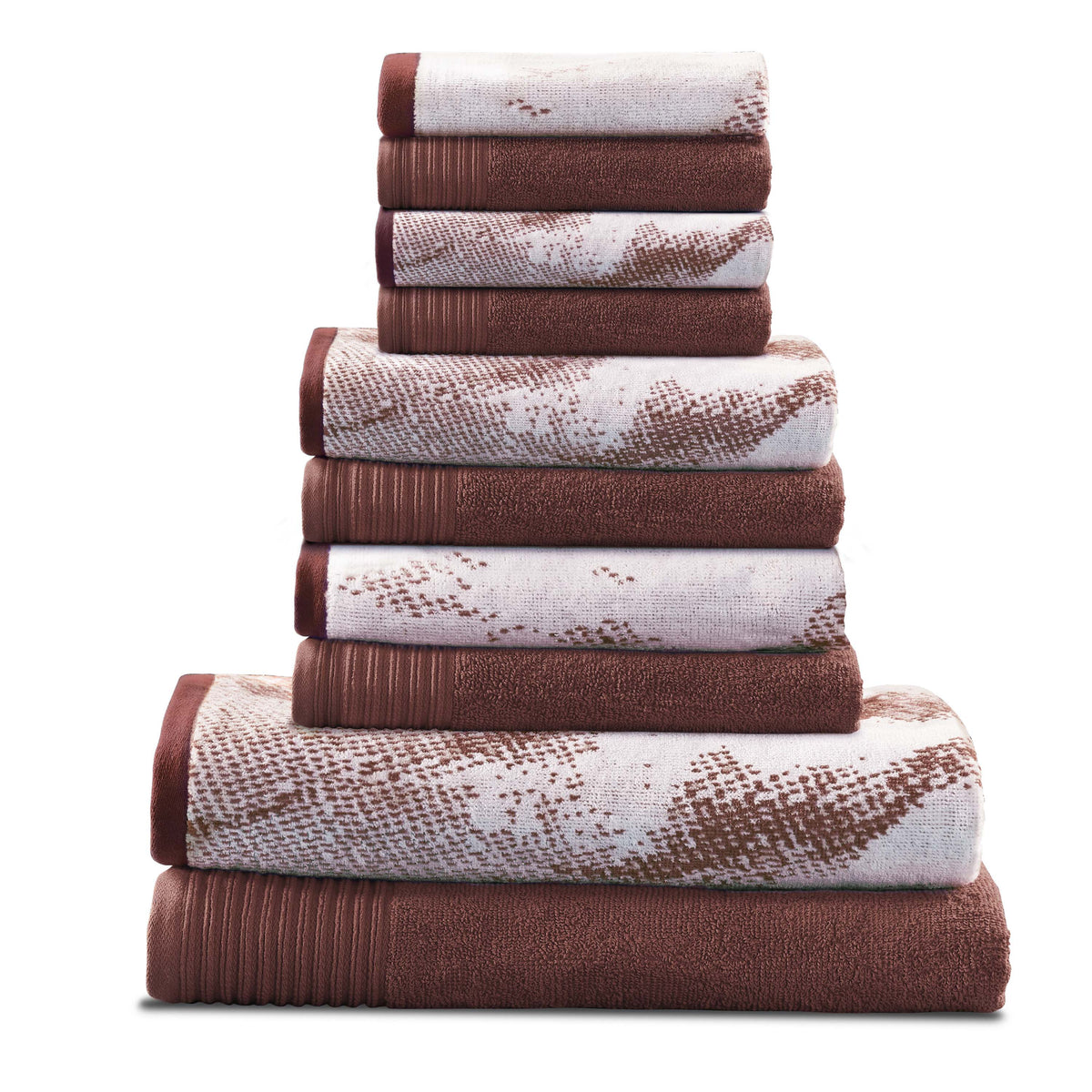 Cotton Marble and Solid Quick Dry 10 Piece Assorted Bathroom Towel Set - Brown