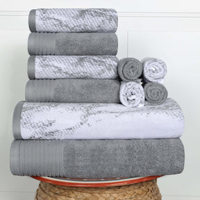 Cotton Marble and Solid Quick Dry 10 Piece Assorted Bathroom Towel Set - Gray
