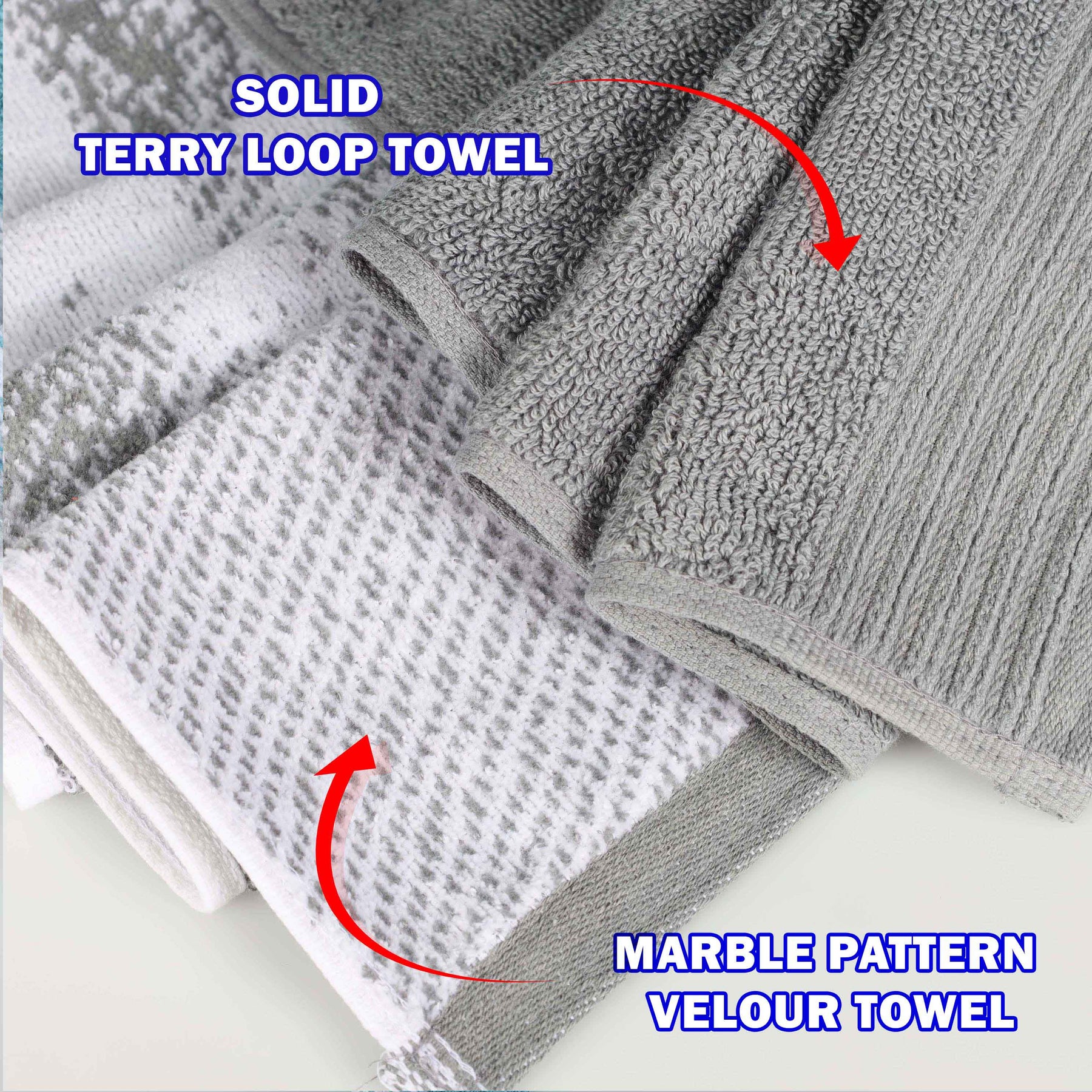 Cotton Marble and Solid Quick Dry 10 Piece Assorted Bathroom Towel Set - Gray