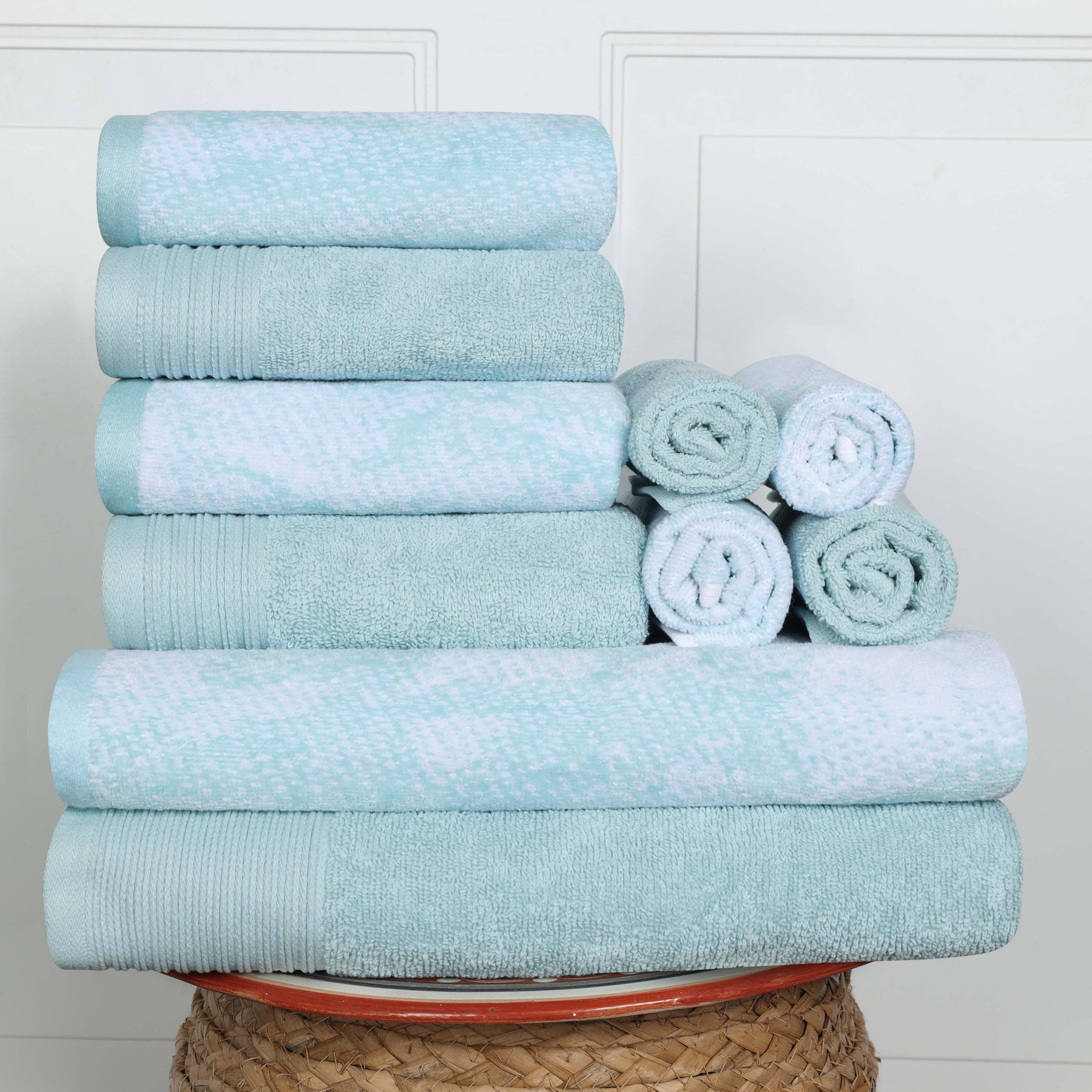 Cotton Marble and Solid Quick Dry 10 Piece Assorted Bathroom Towel Set - Teal