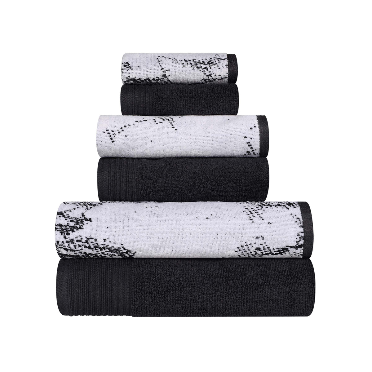 Cotton Marble and Solid Quick Dry 6 Piece Assorted Bathroom Towel Set - Black
