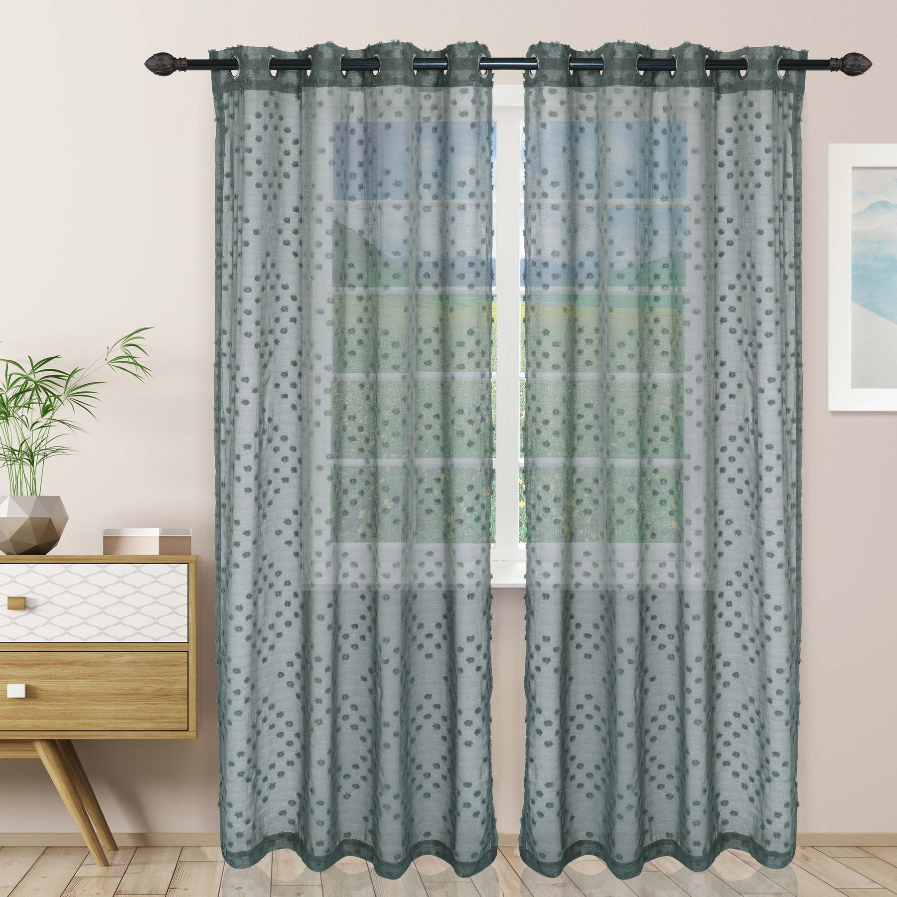  Sheer Poppy Floral Modern Textured Grommet Curtain Panels Set of 2 - Elmgreen