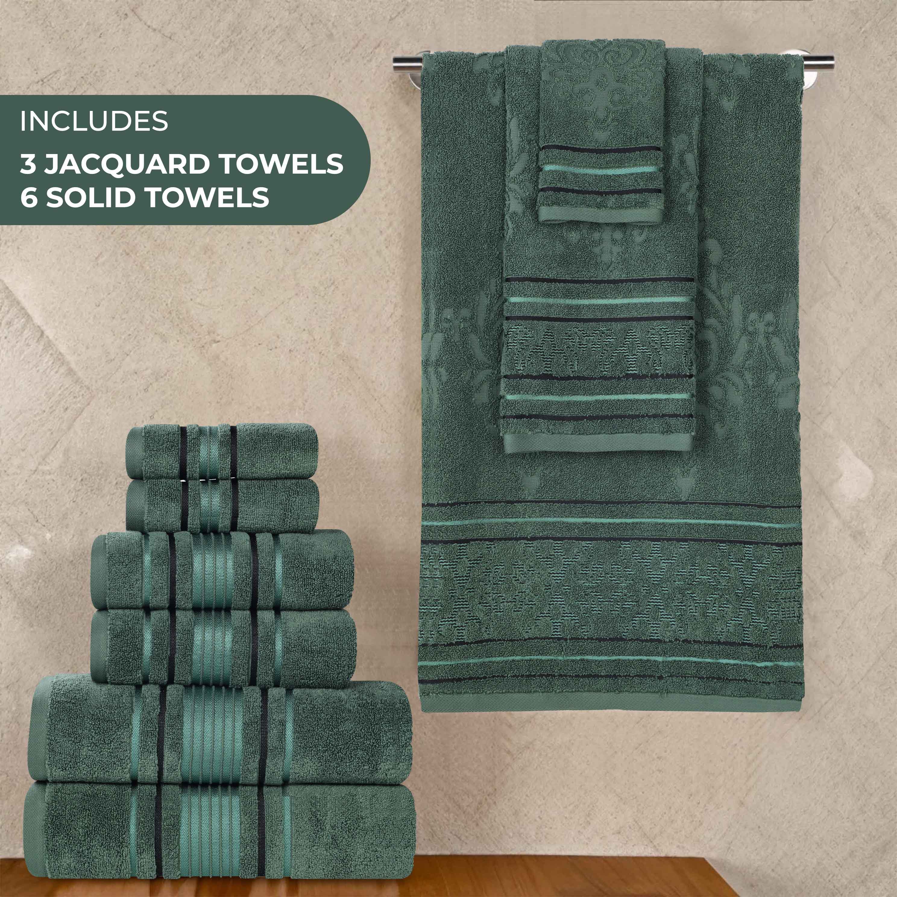 Zero-Twist Cotton Jacquard Towel Set 9 Piece - Sadie - Towel Set by Superior Brand