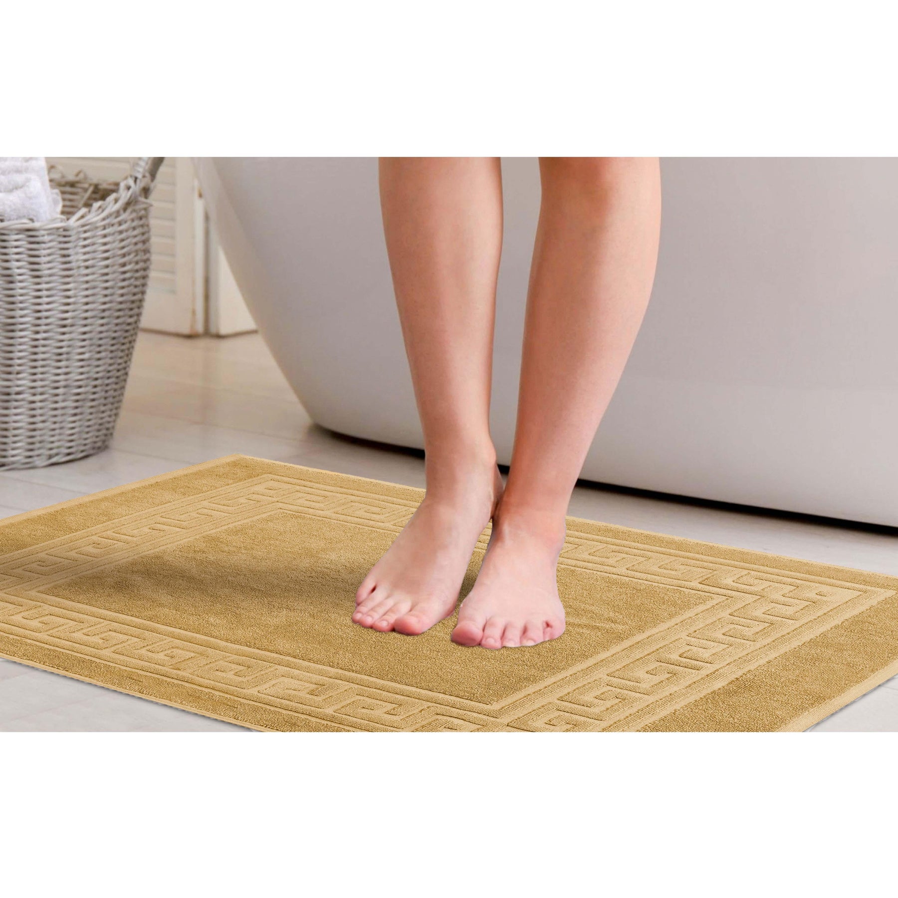 100% Cotton Highly-Absorbent Greek Key Border Solid 2-Piece Bath Mat Set - Gold