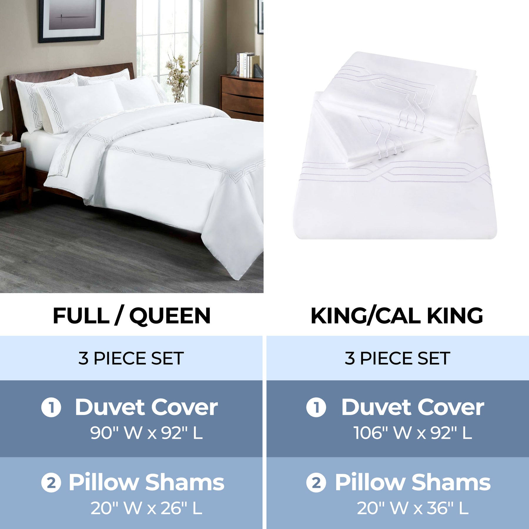 Superior Egyptian Cotton 1200 Thread Count Embroidered Geometric Scroll Duvet Cover Set - White- White