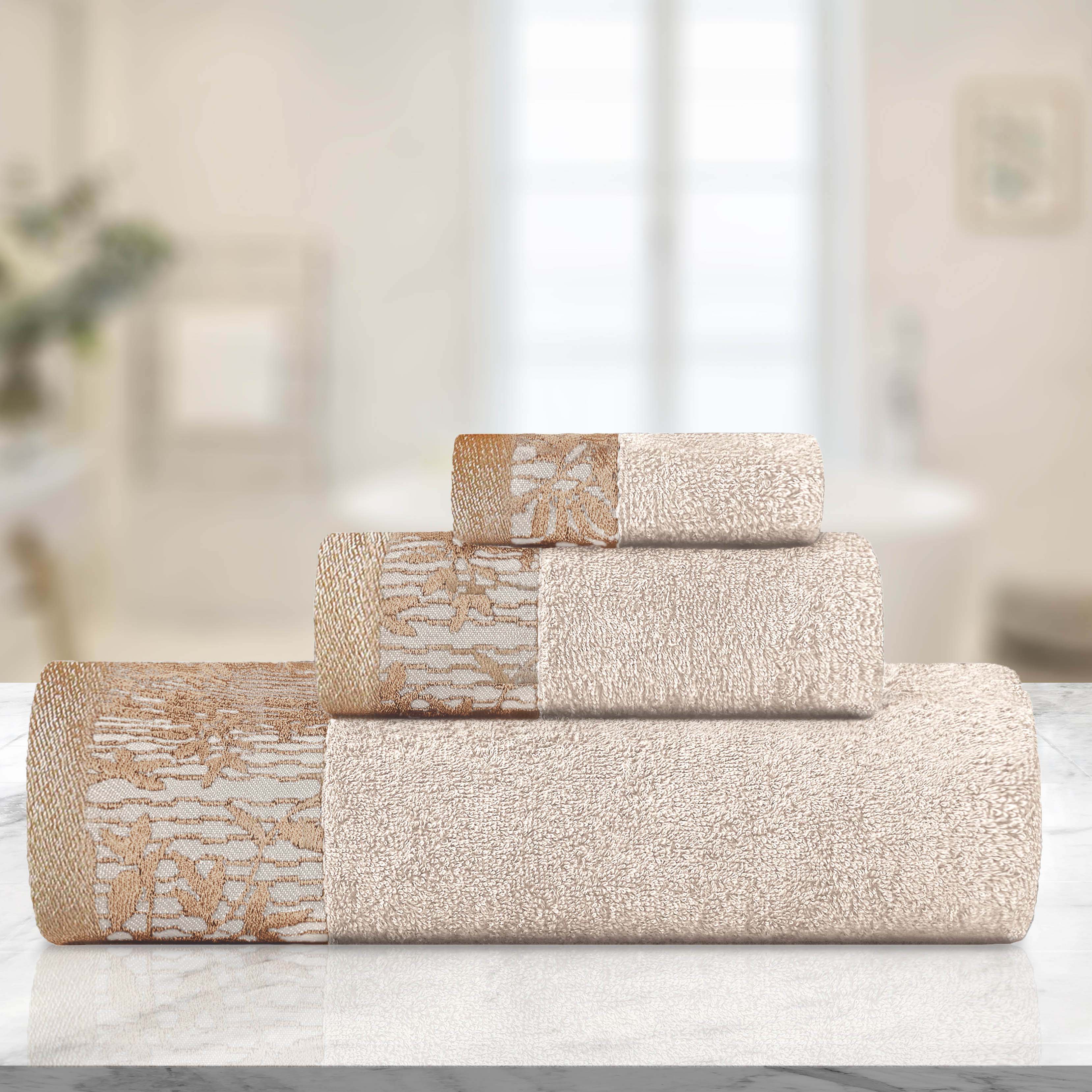 Wisteria Cotton Medium Weight Floral Jacquard Border 3 Piece Towel Set - Towel Set by Superior Brand