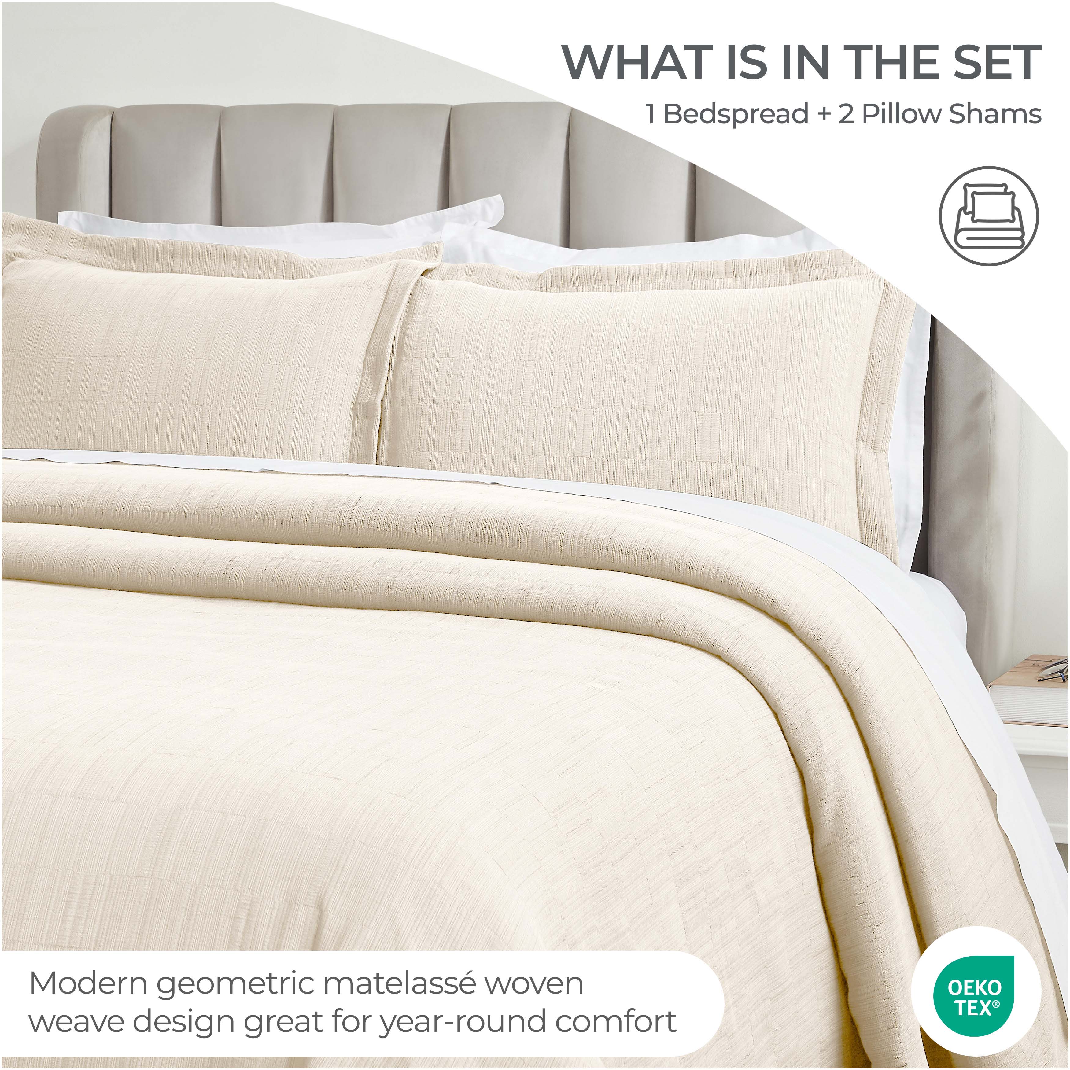 Zenith Cotton Medium Weight Geometric Matelasse Bedspread and Sham Set - Bedspread by Superior Brand