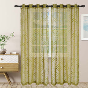  Sheer Poppy Floral Modern Textured Grommet Curtain Panels Set of 2 - LeafGreen
