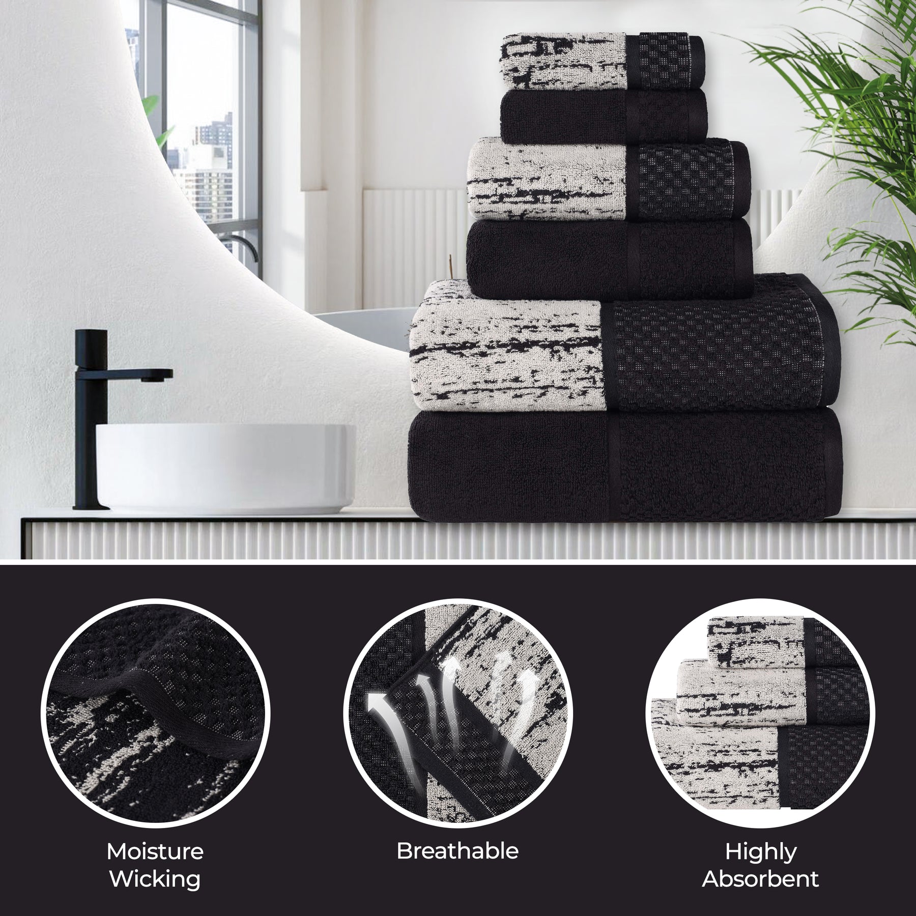 Lodie Cotton Jacquard Solid and Two-Toned Bath Towel Set of 4 - Black-Ivory