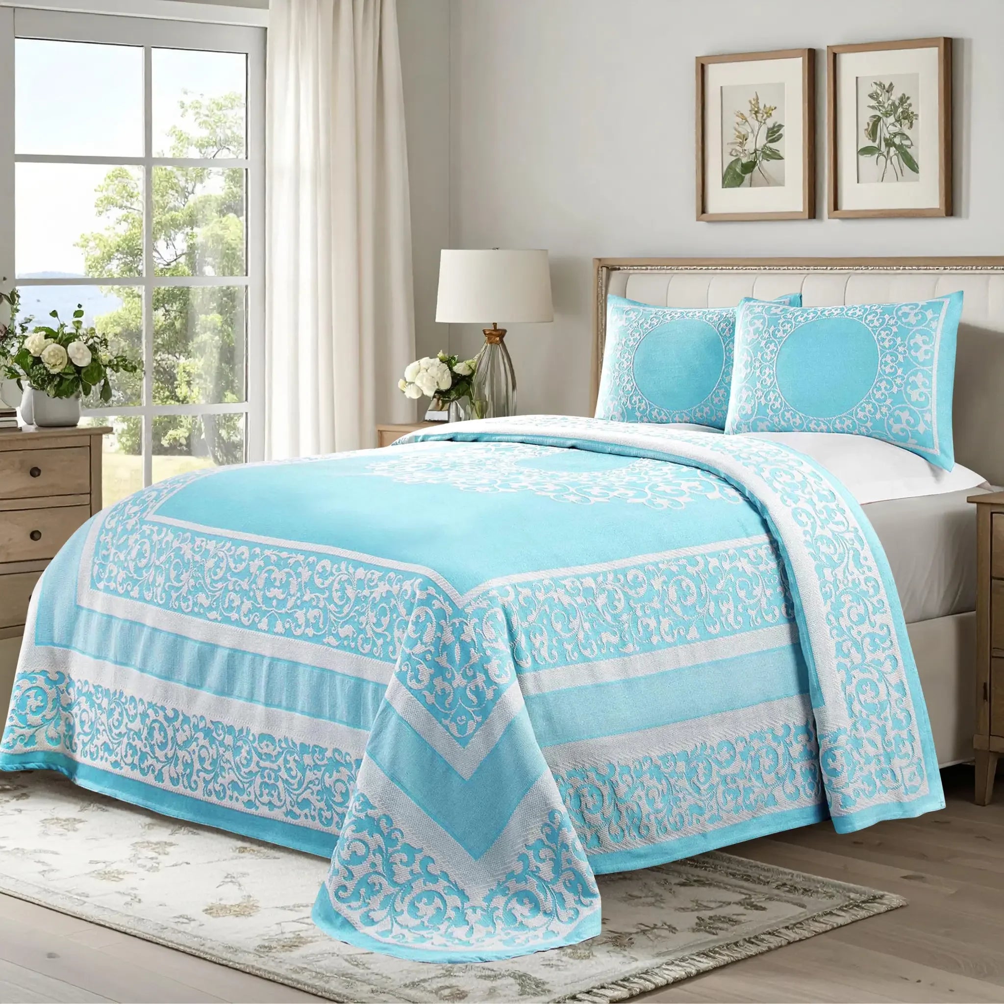 Lightweight Cotton Bedspread Set 3-Piece Lyron Floral Scroll Jacquard - Bedspread by Superior Brand