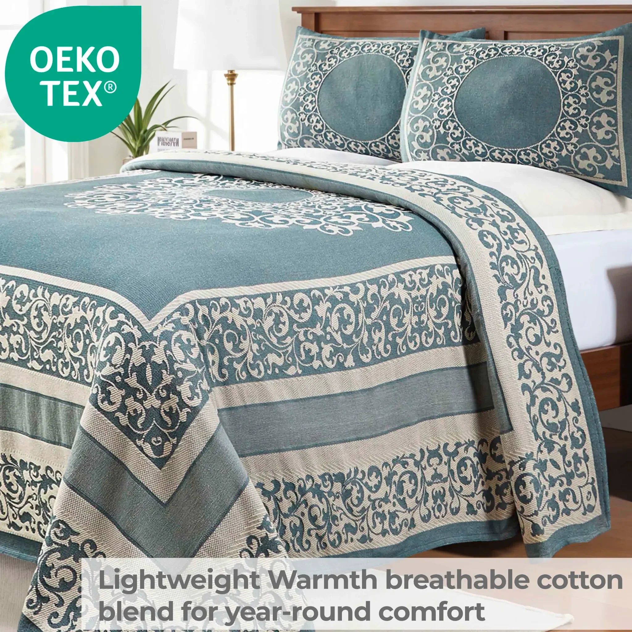 Lightweight Cotton Bedspread Set 3-Piece Lyron Floral Scroll Jacquard - Bedspread by Superior Brand