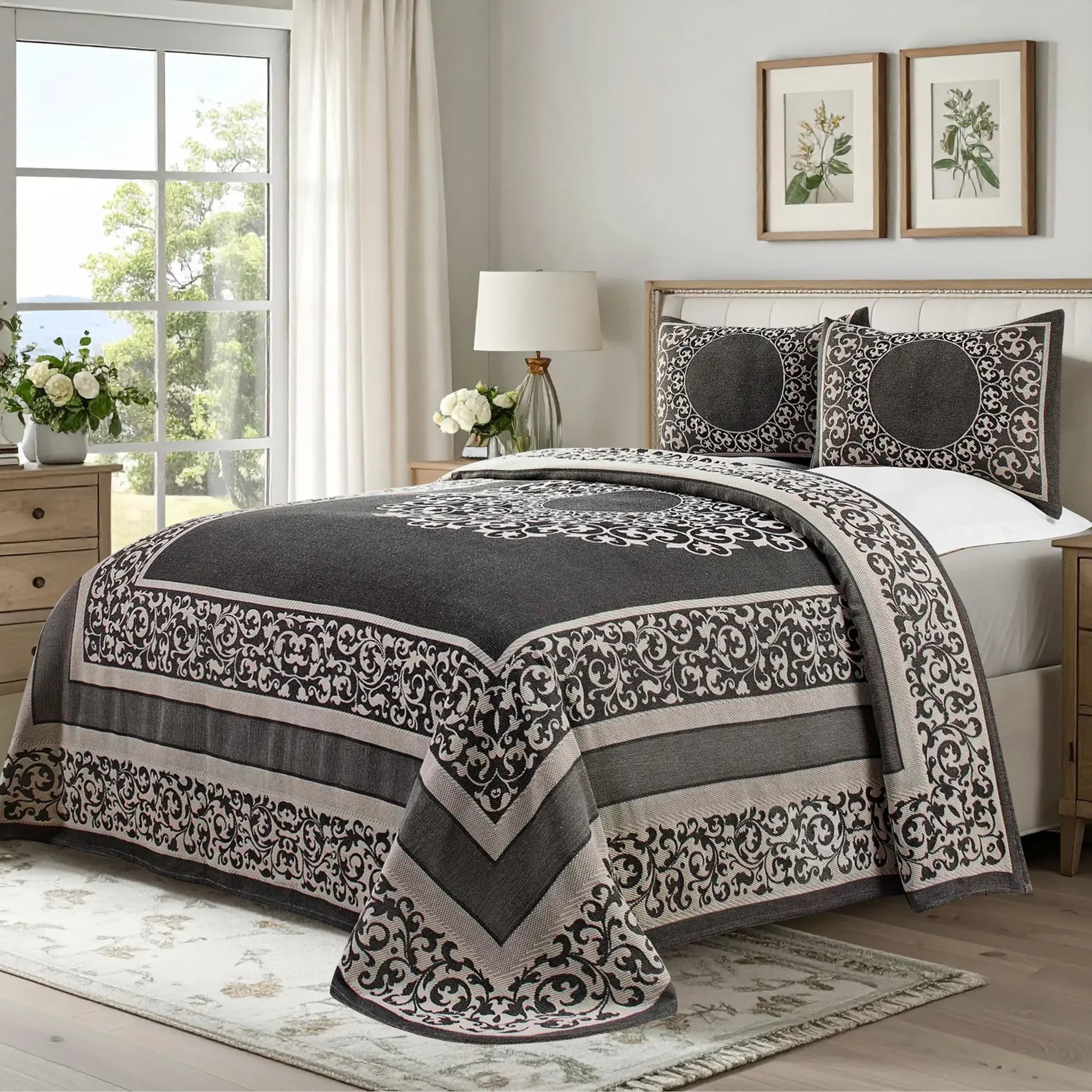 Lightweight Cotton Bedspread Set 3-Piece Lyron Floral Scroll Jacquard - Bedspread by Superior Brand