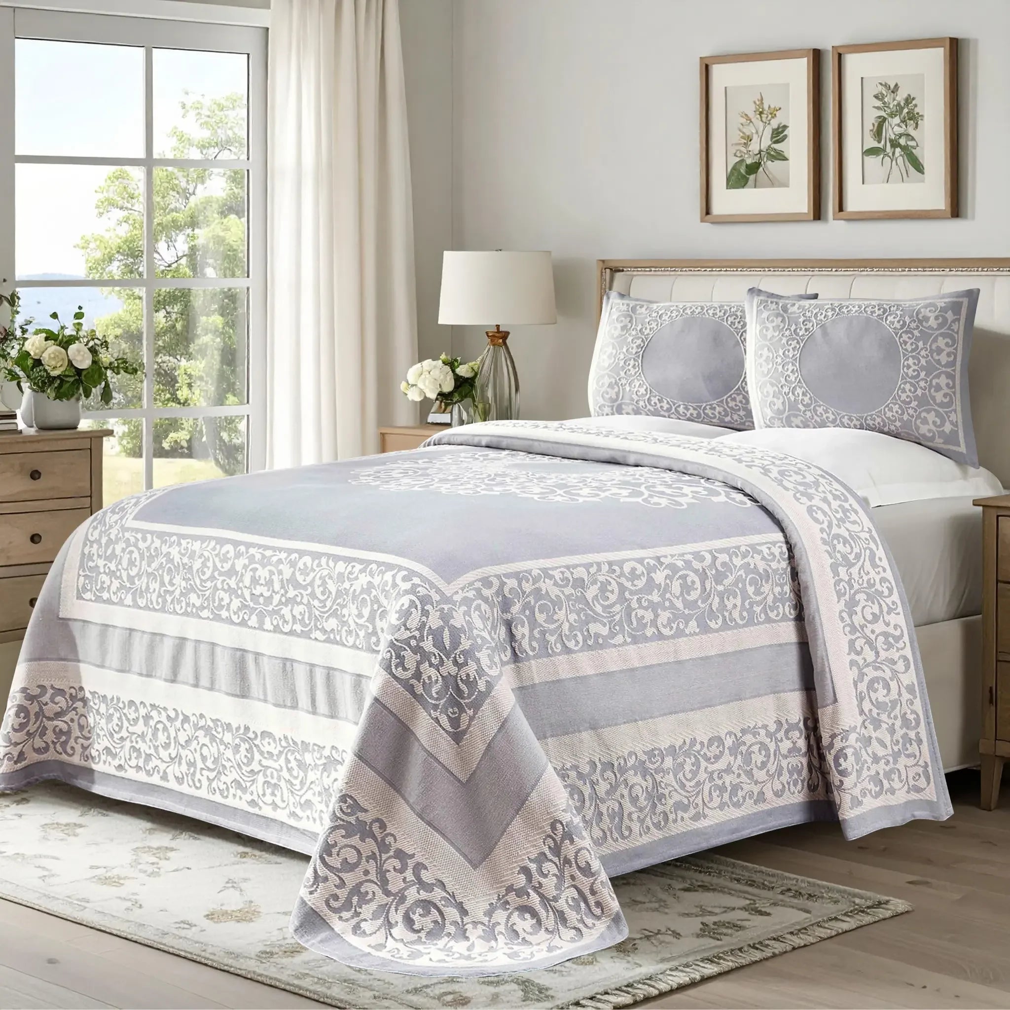 Lightweight Cotton Bedspread Set 3-Piece Lyron Floral Scroll Jacquard - Bedspread by Superior Brand