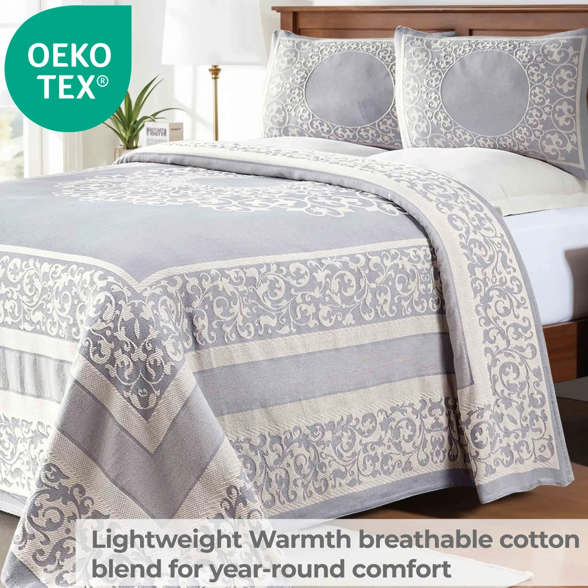 Lightweight Cotton Bedspread Set 3-Piece Lyron Floral Scroll Jacquard - Bedspread by Superior Brand