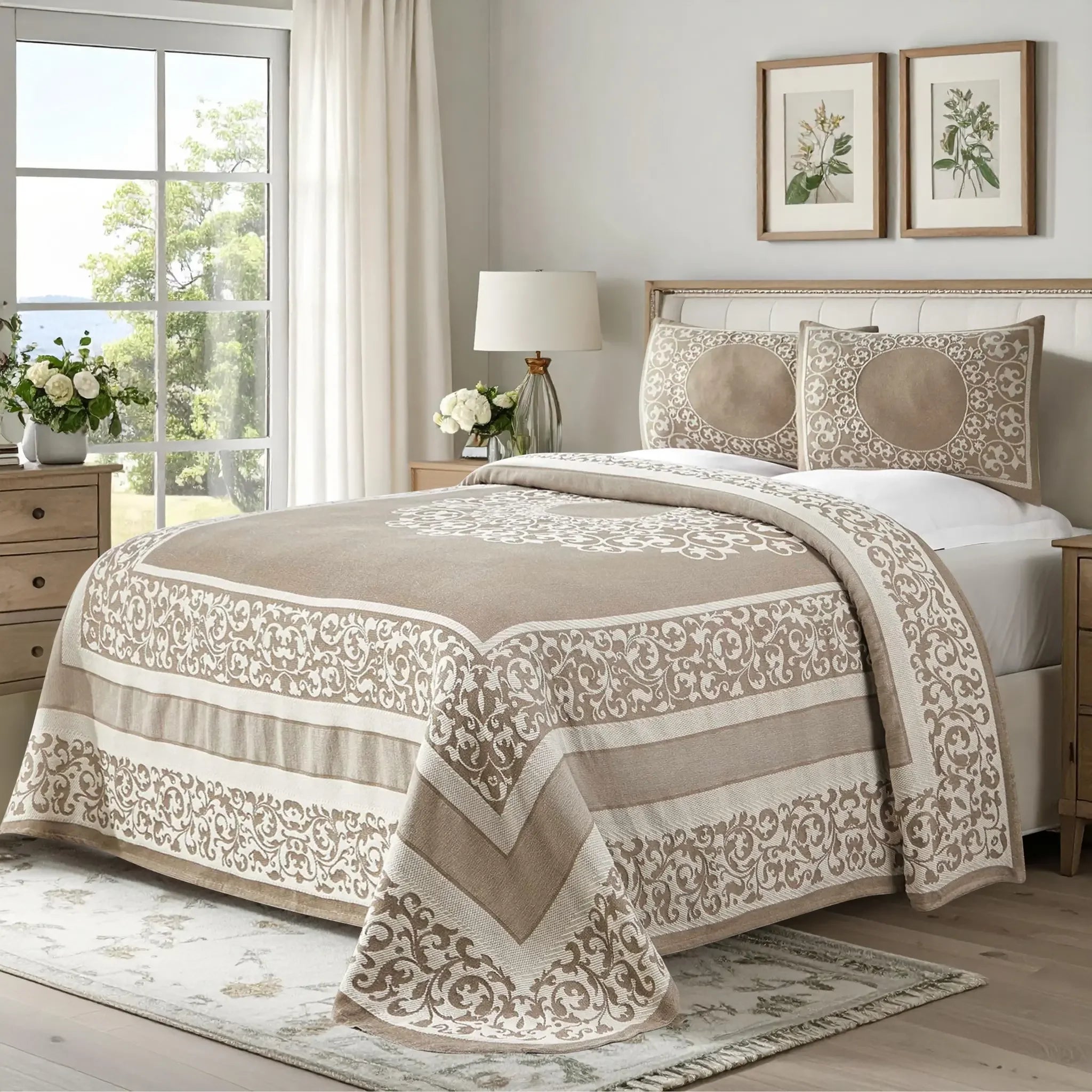 Lightweight Cotton Bedspread Set 3-Piece Lyron Floral Scroll Jacquard - Bedspread by Superior Brand