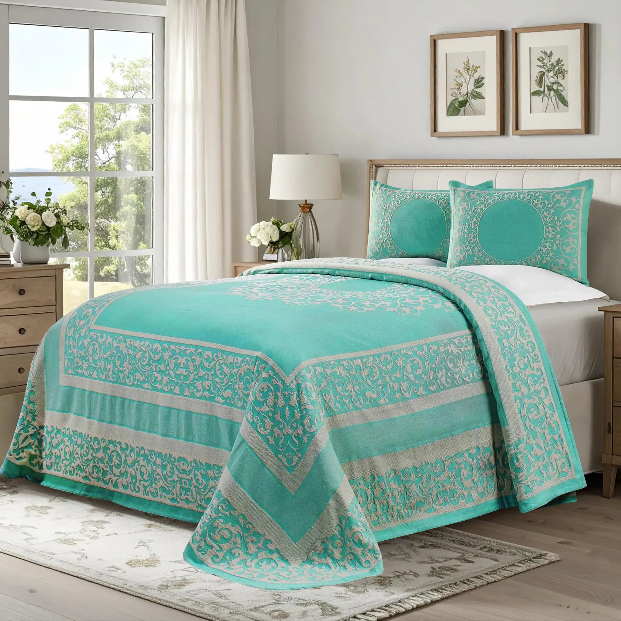 Lightweight Cotton Bedspread Set 3-Piece Lyron Floral Scroll Jacquard - Bedspread by Superior Brand