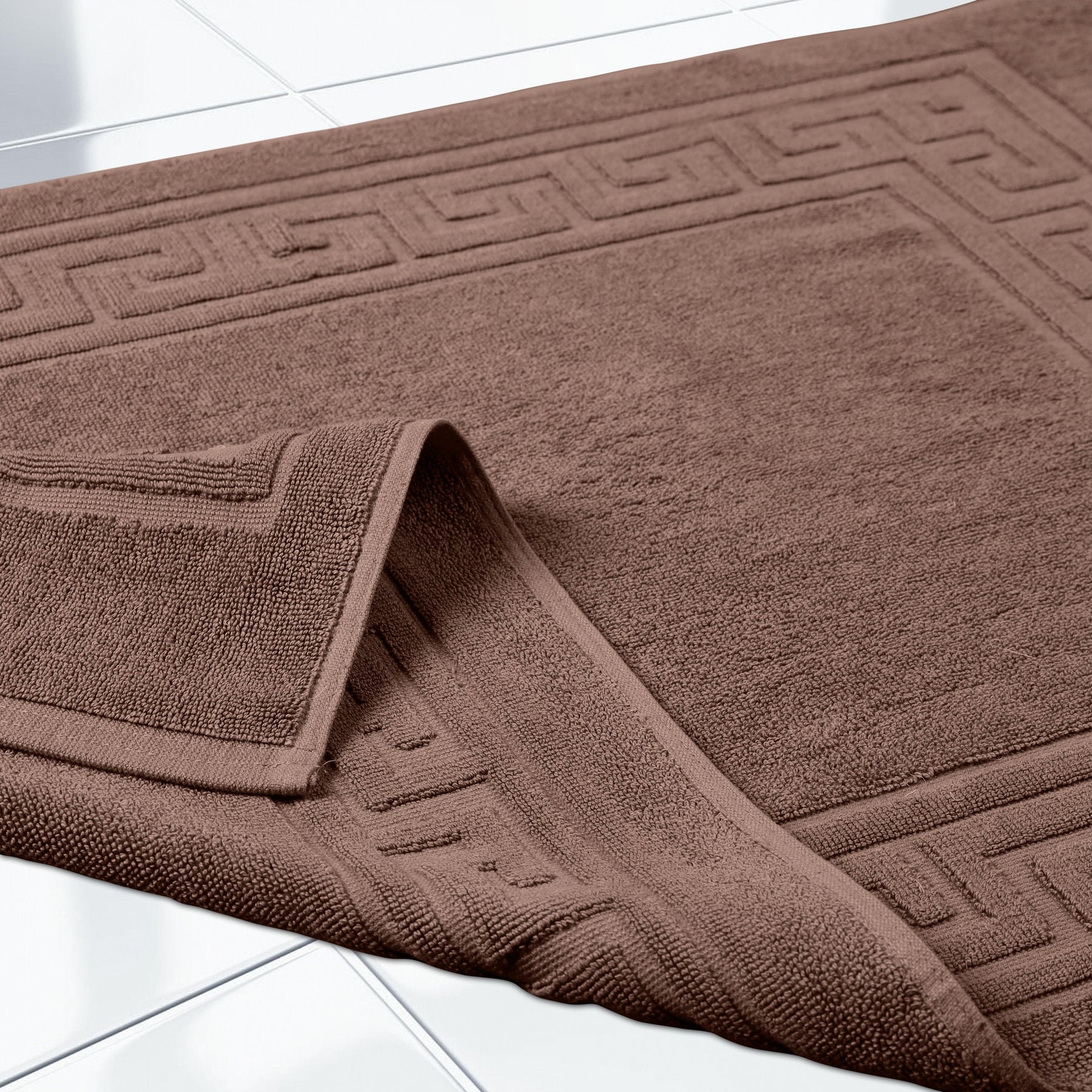 100% Cotton Highly-Absorbent Greek Key Border Solid 2-Piece Bath Mat Set - Mocha