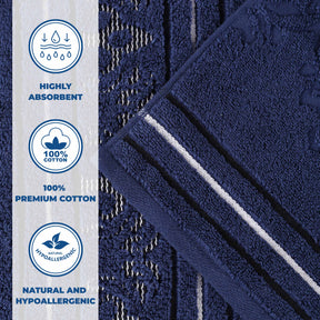 Sadie Zero Twist Cotton Floral Solid & Jacquard Face Towel - Navy Blue
